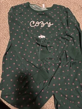 LC Lauren Conrad Dark Green Floral 'Cozy' Pajama Set with Pink Print